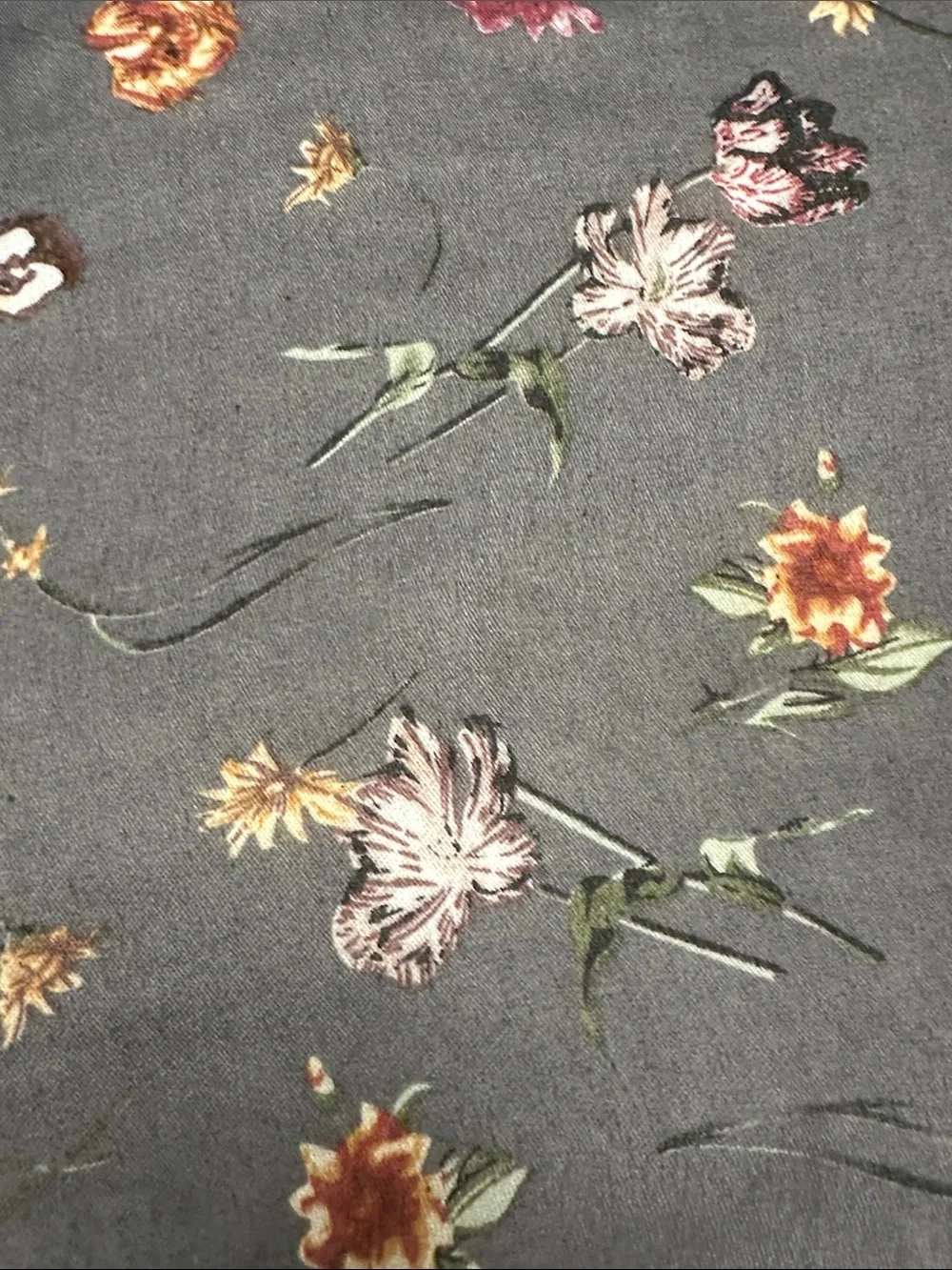 Gray Botanical Print Scattered Wildflowers Long Boho Scarf
